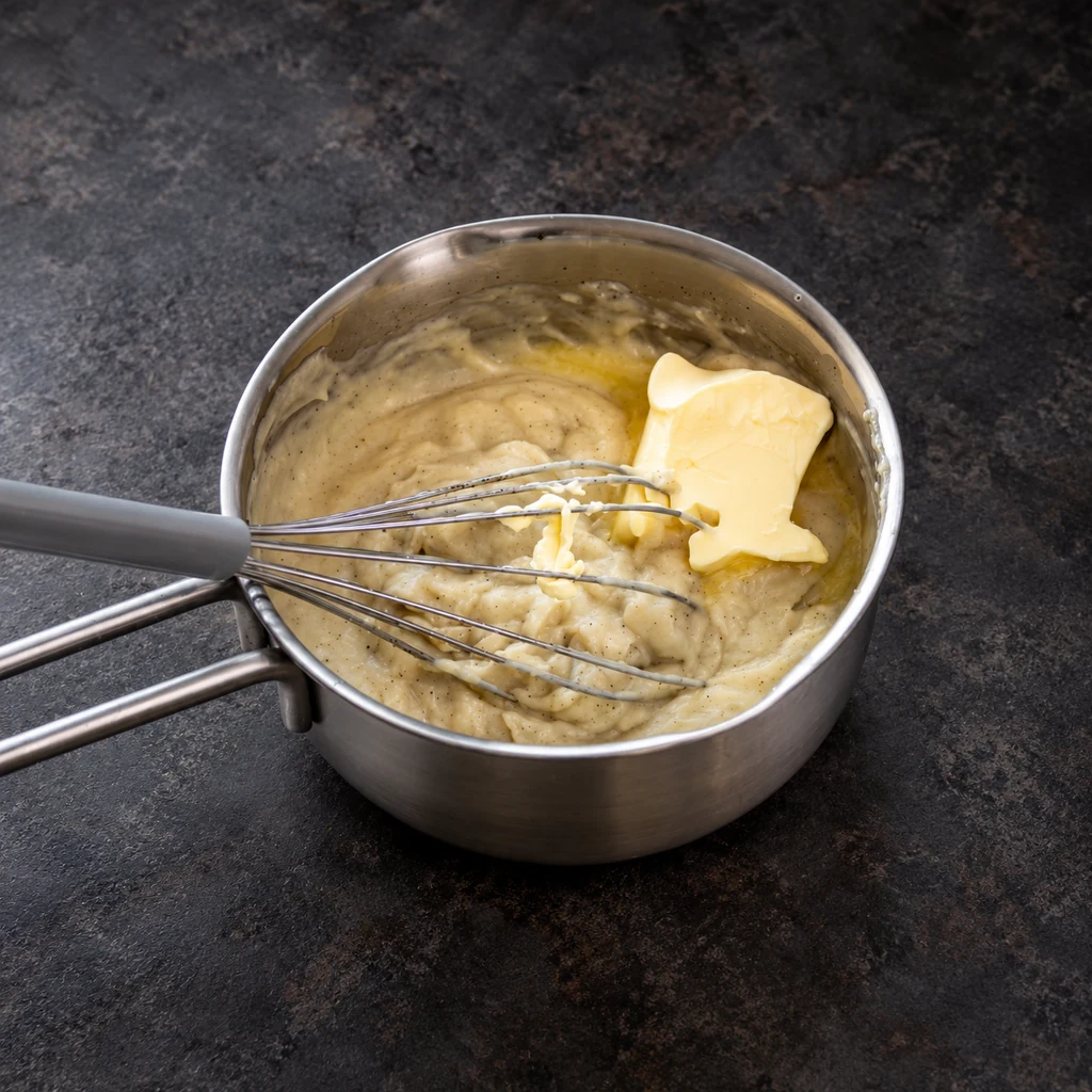 Adding butter to cooked vanilla pastry cream in a saucepan