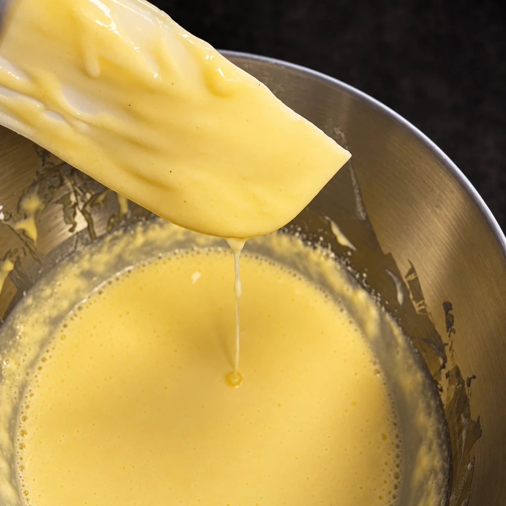 Yellow custard coating a silicone spatula over a saucepan