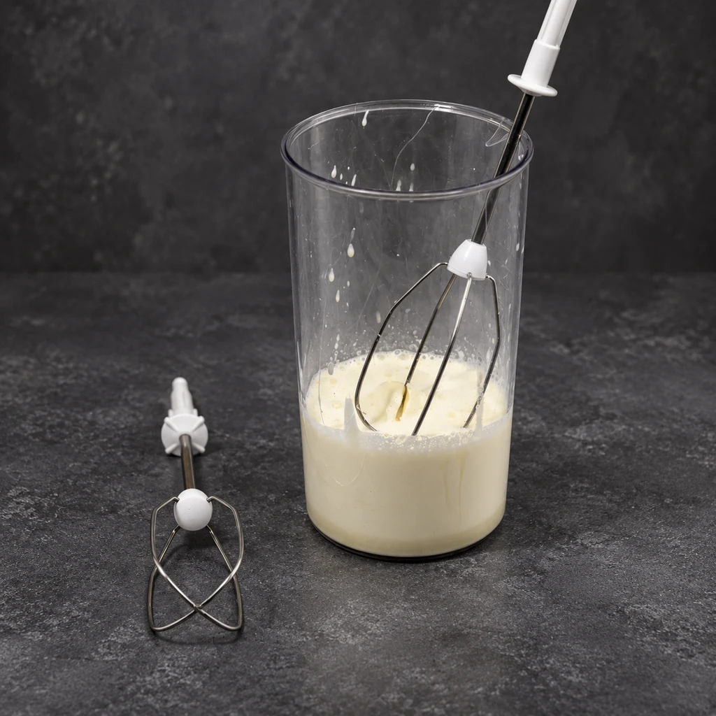 Cream mixture in a tall mixing jug with a whisk attachment