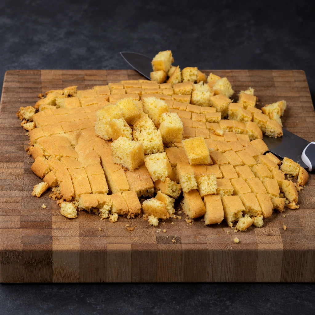 Baked sponge cut into small cubes for layered dessert cups