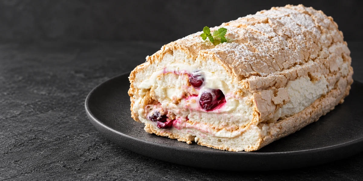 Sliced meringue roulade with cream and cherry filling