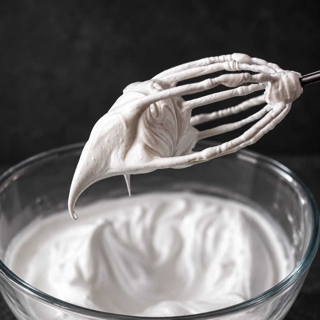 Glossy whipped meringue holding its shape on a whisk