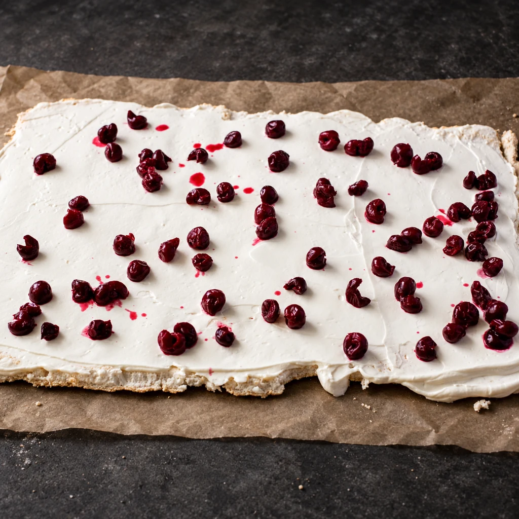 Cream and drained cherries spread over a baked meringue sheet