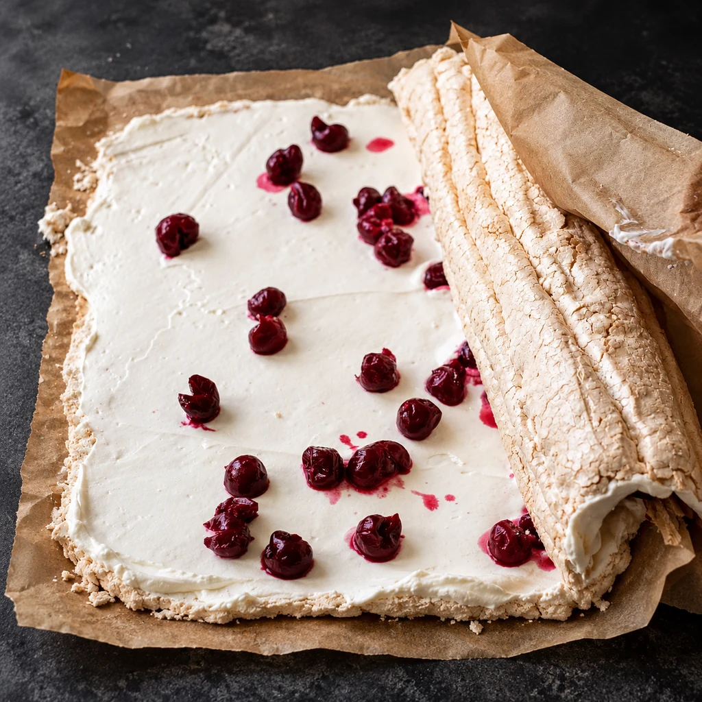 Rolling the filled meringue sheet with the help of parchment