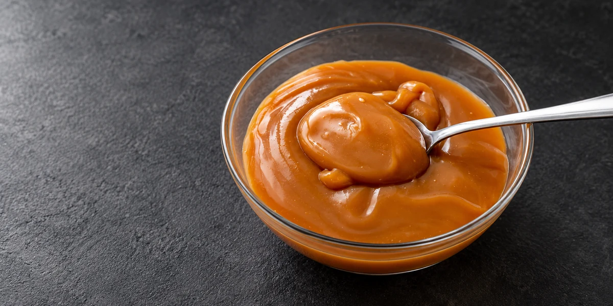 Thick milk caramel in a glass bowl with a spoon