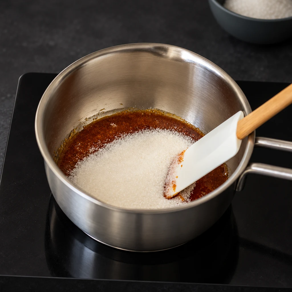 Adding a fresh portion of sugar to amber caramel in a saucepan