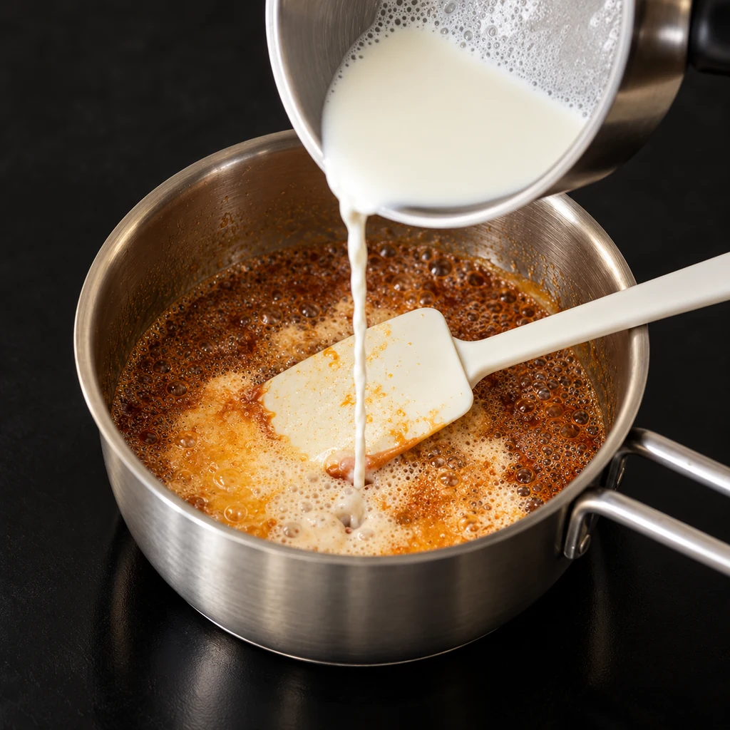 Adding milk to caramel in a saucepan