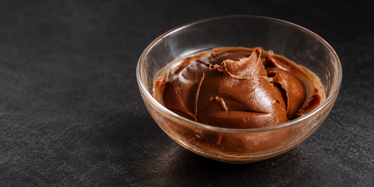 Thick caramel in a clear glass bowl