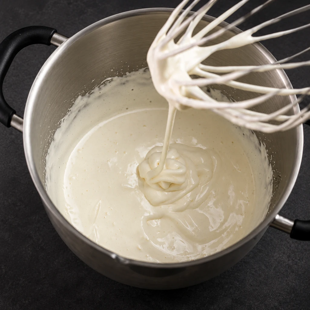 Pale whipped egg mixture falling from a whisk into a mixing bowl
