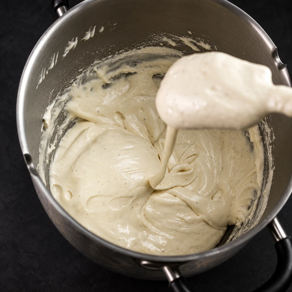 Sponge batter being folded with a spatula in a metal bowl