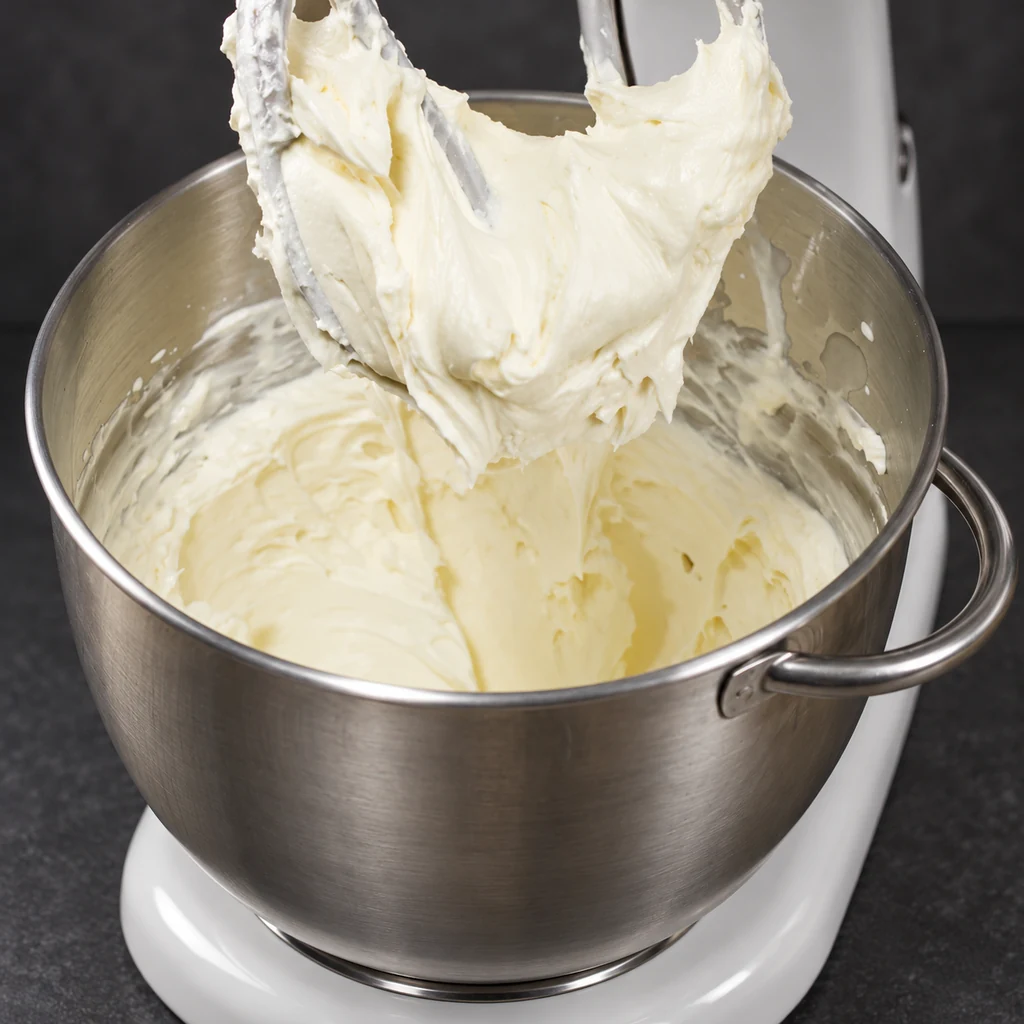 Thick cream cheese frosting on a raised paddle above a metal mixing bowl