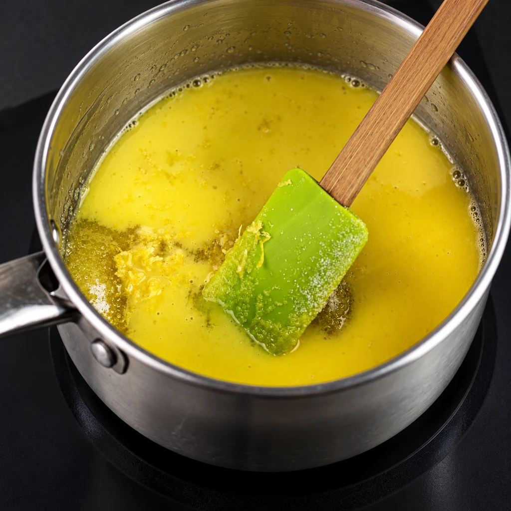 Lemon juice, egg yolks and zest mixed in a saucepan with a spatula
