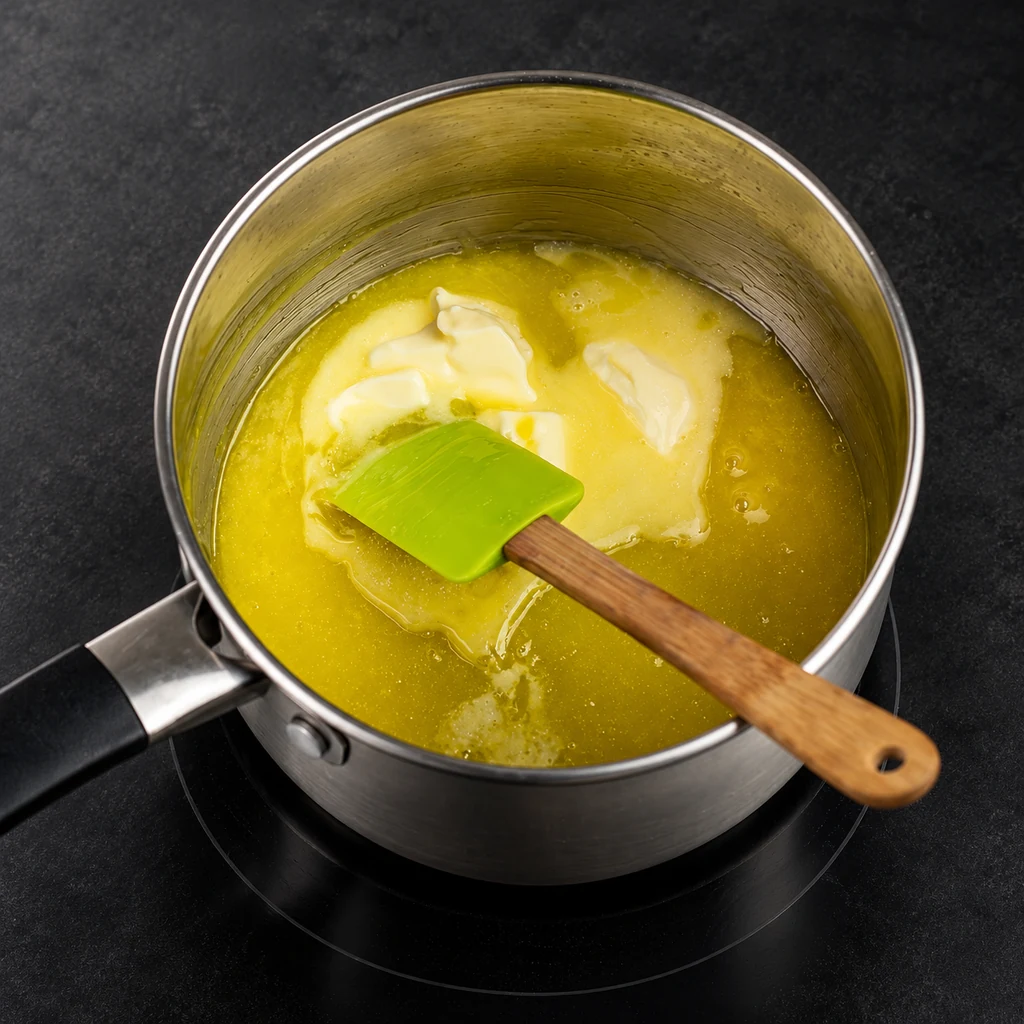 Butter pieces added to hot lemon curd in a saucepan