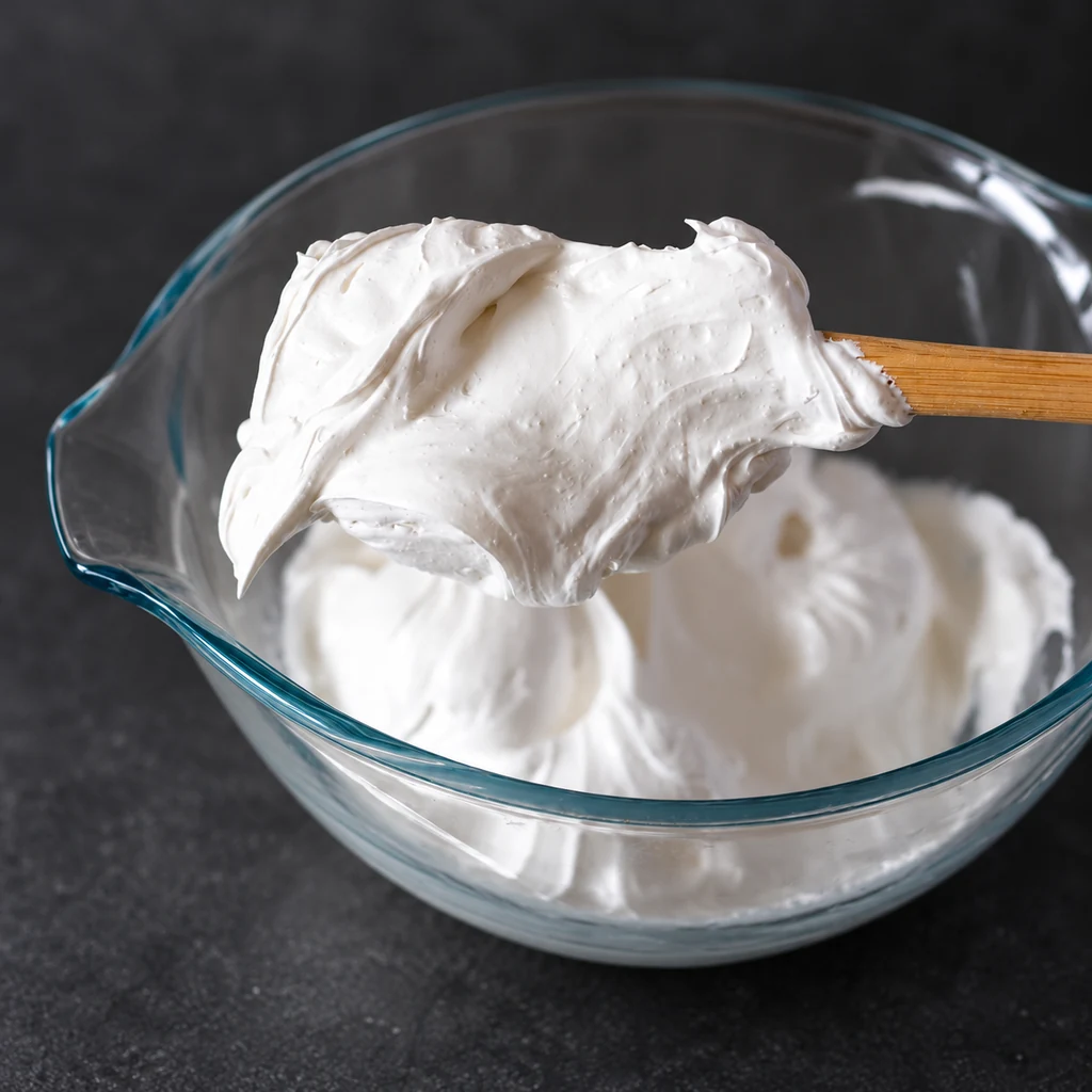Thick glossy meringue on a spatula above a glass bowl