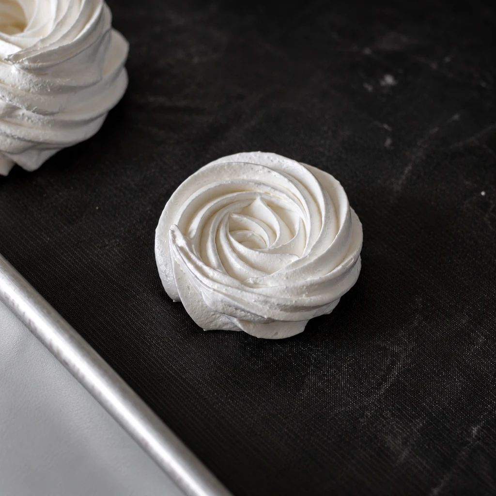 A piped meringue nest on a lined baking tray