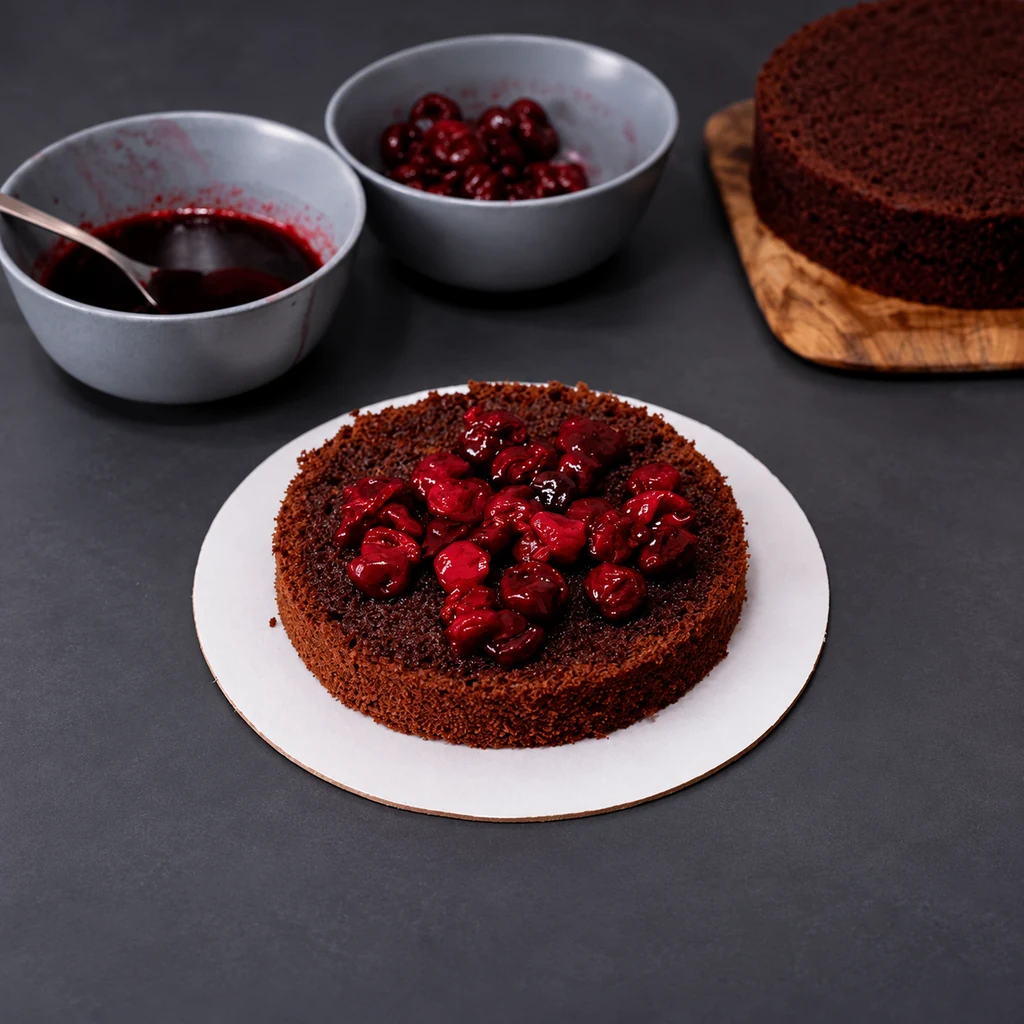 Cherry filling spread over an exposed chocolate cake layer