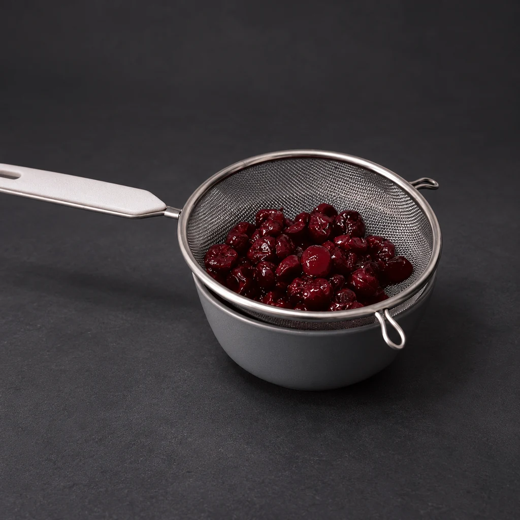 Cherries draining in a sieve above a bowl