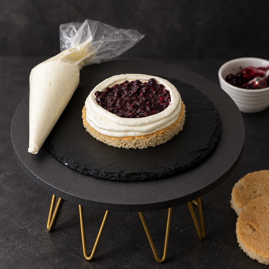 Berry filling inside a piped cream border on a small sponge layer