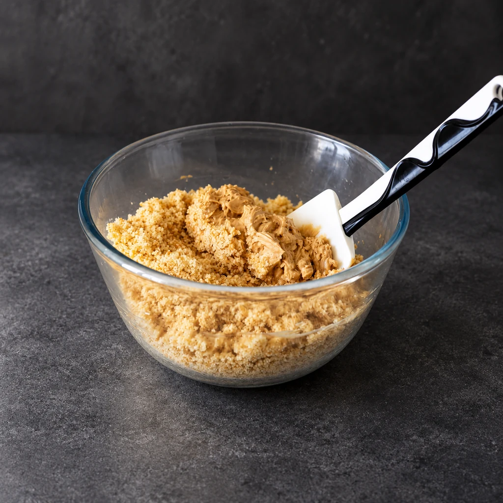 Cake crumbs mixed with cream in a glass bowl