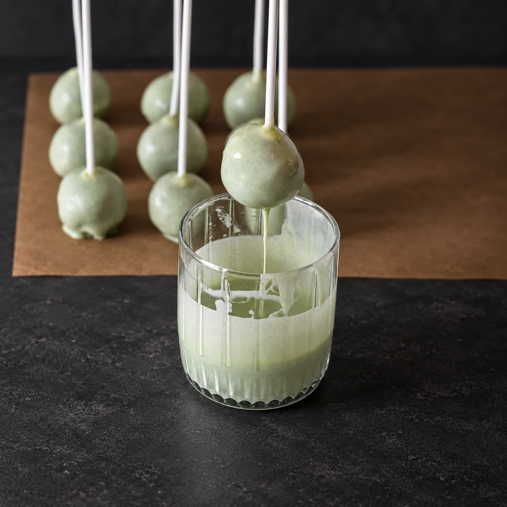 A cake pop lifted from pale coating above a glass