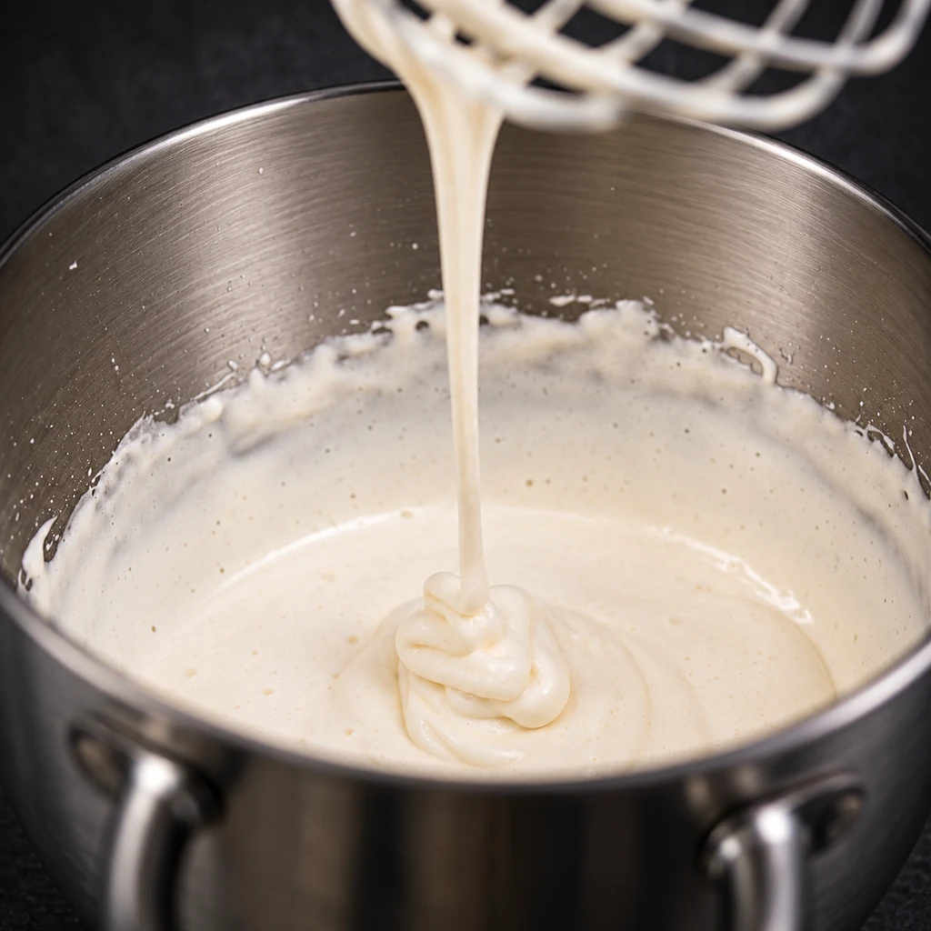 Pale whipped egg mixture falling in a ribbon into a metal bowl