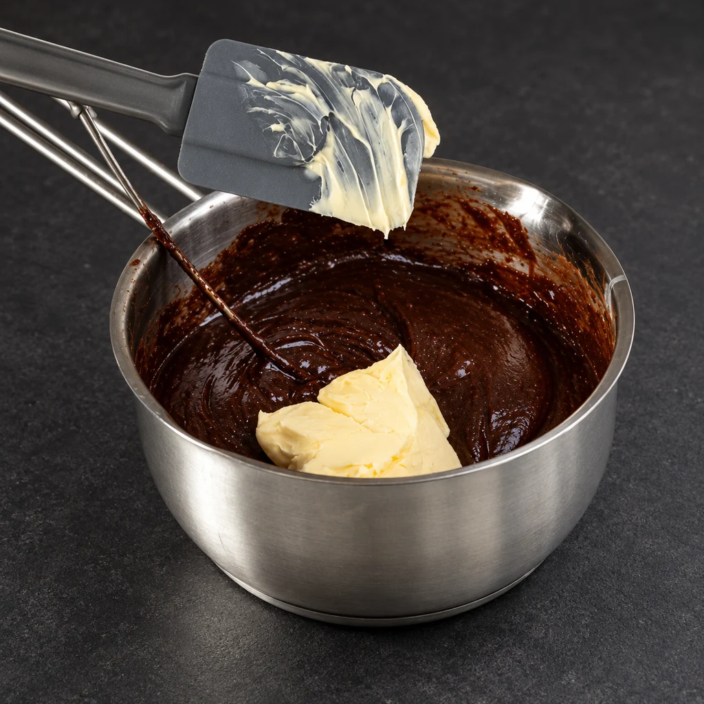 Butter being added to hot chocolate custard