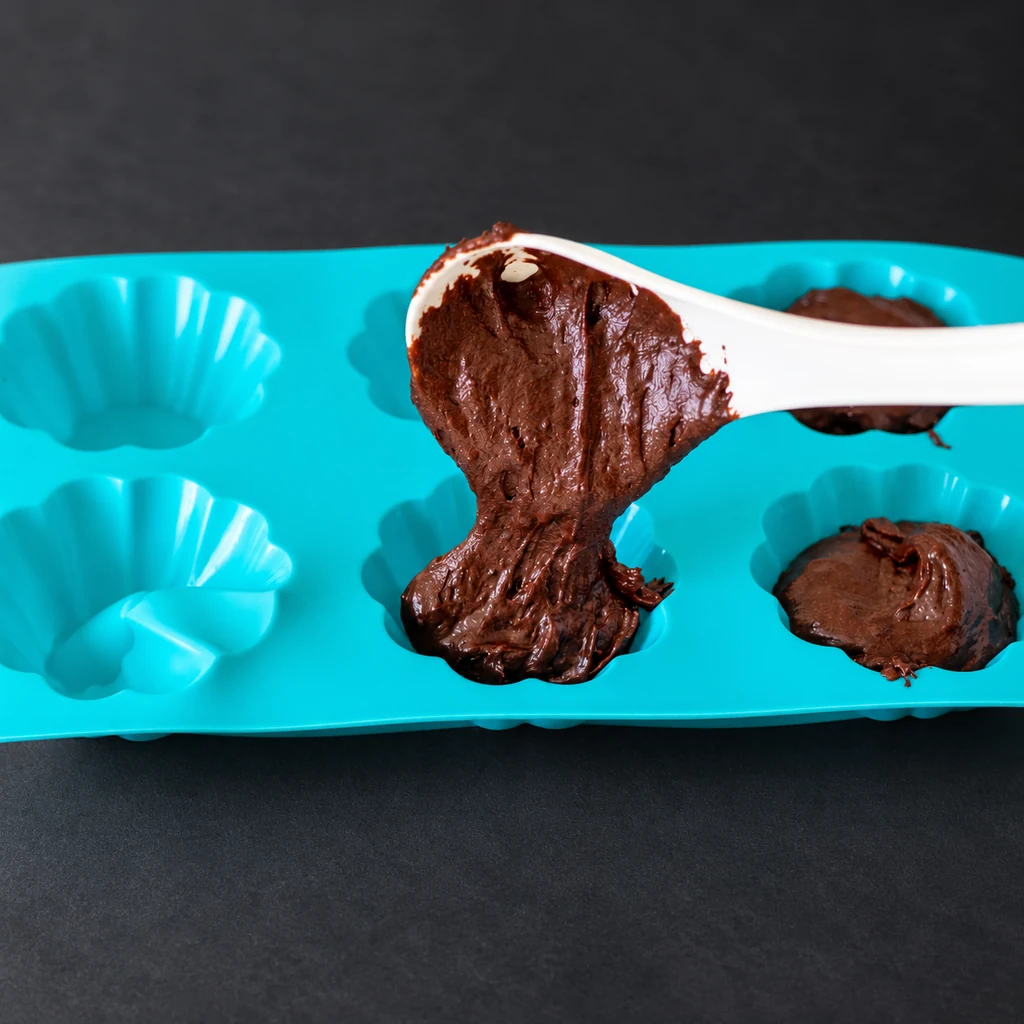 Chocolate batter portioned into a blue silicone muffin mould
