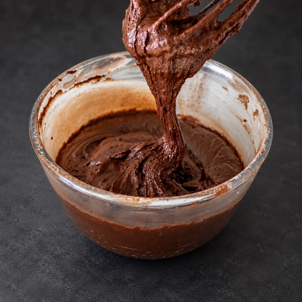 Thick chocolate muffin batter falling from a whisk into a bowl