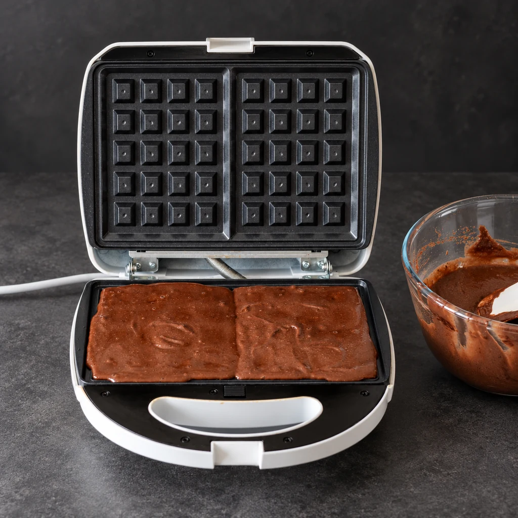 Raw chocolate batter spread over the lower plates of an open waffle iron