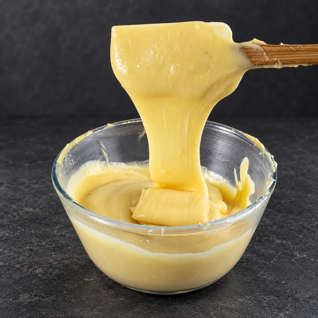 Thick choux paste falling from a spatula into a bowl