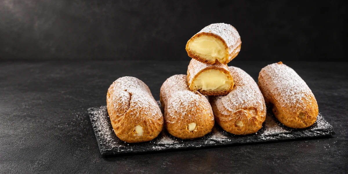 Custard-filled eclairs dusted with icing sugar, with cut ends visible