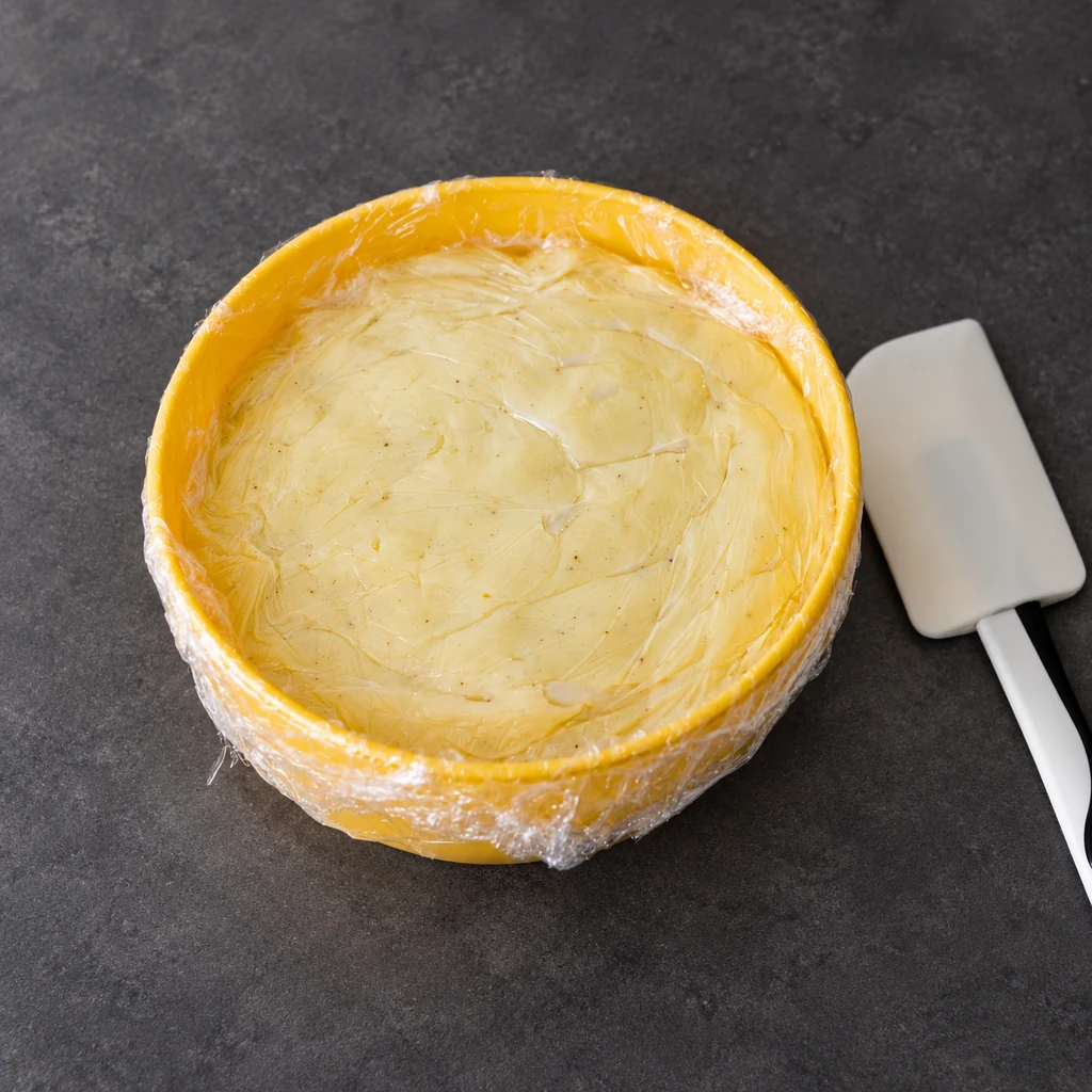 Custard covered directly with cling film in a yellow bowl