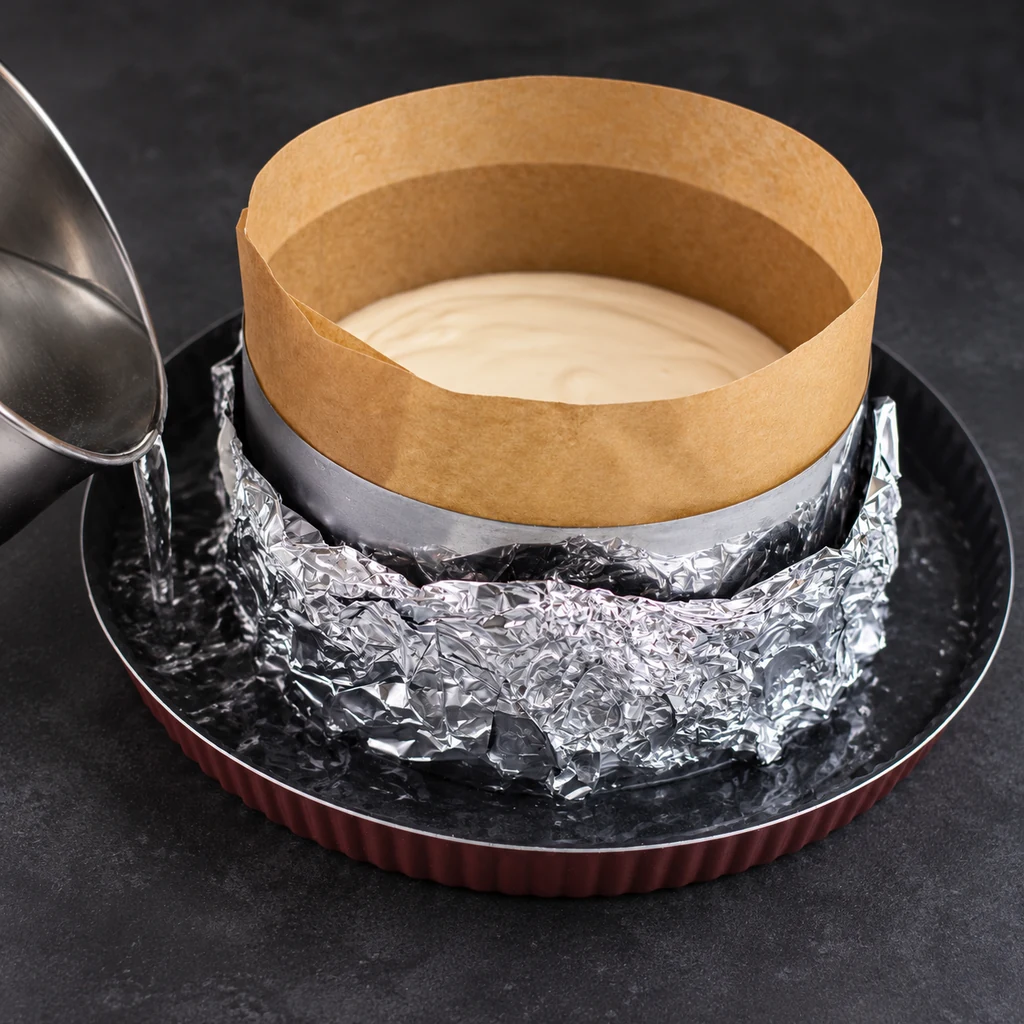 Sponge batter in a lined cake ring surrounded by hot water