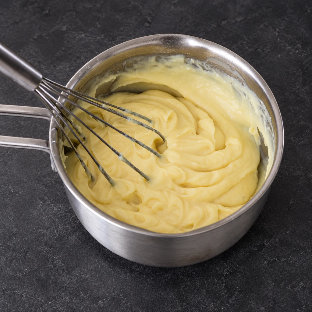 Thick pale custard in a saucepan with a whisk