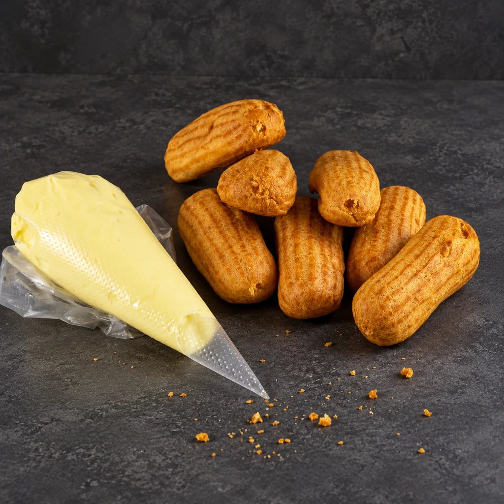 Baked eclair shells beside a piping bag of custard