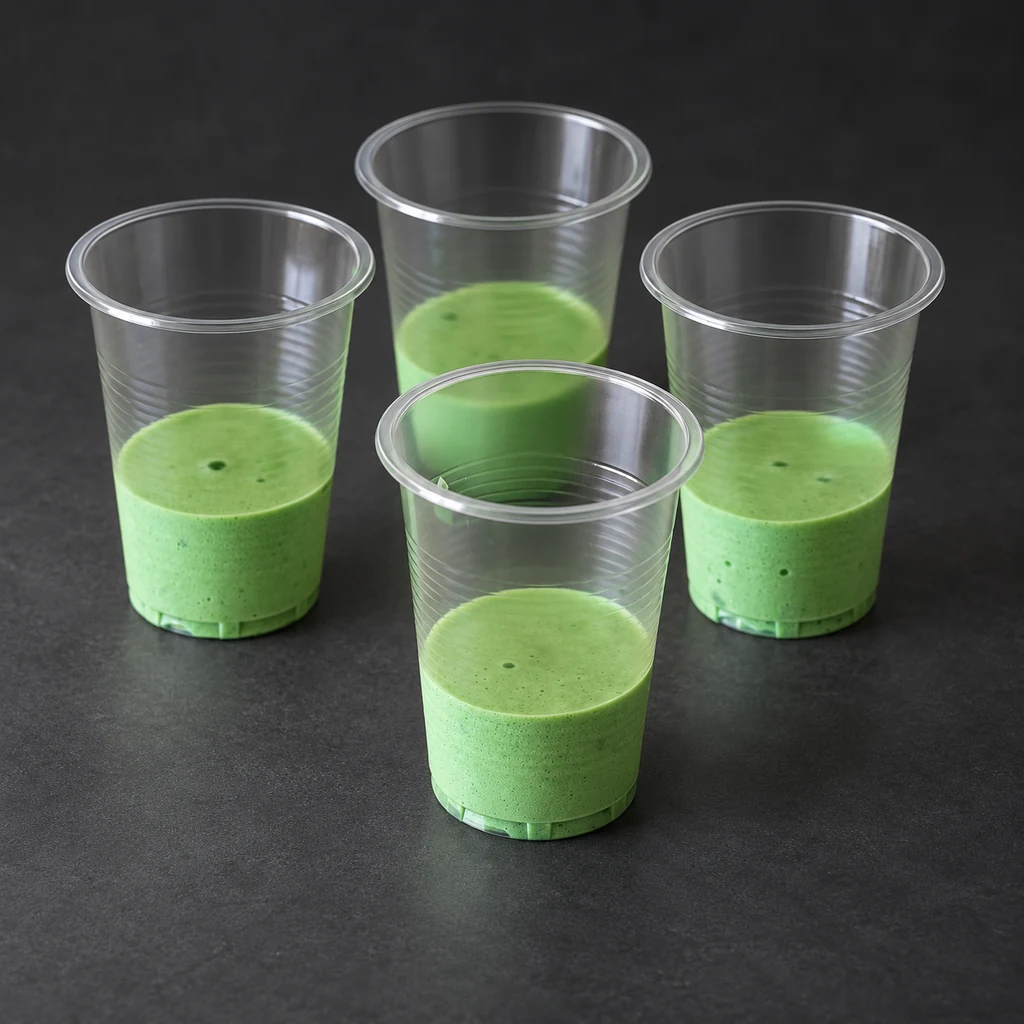 Green sponge batter filling the lower part of four small cups