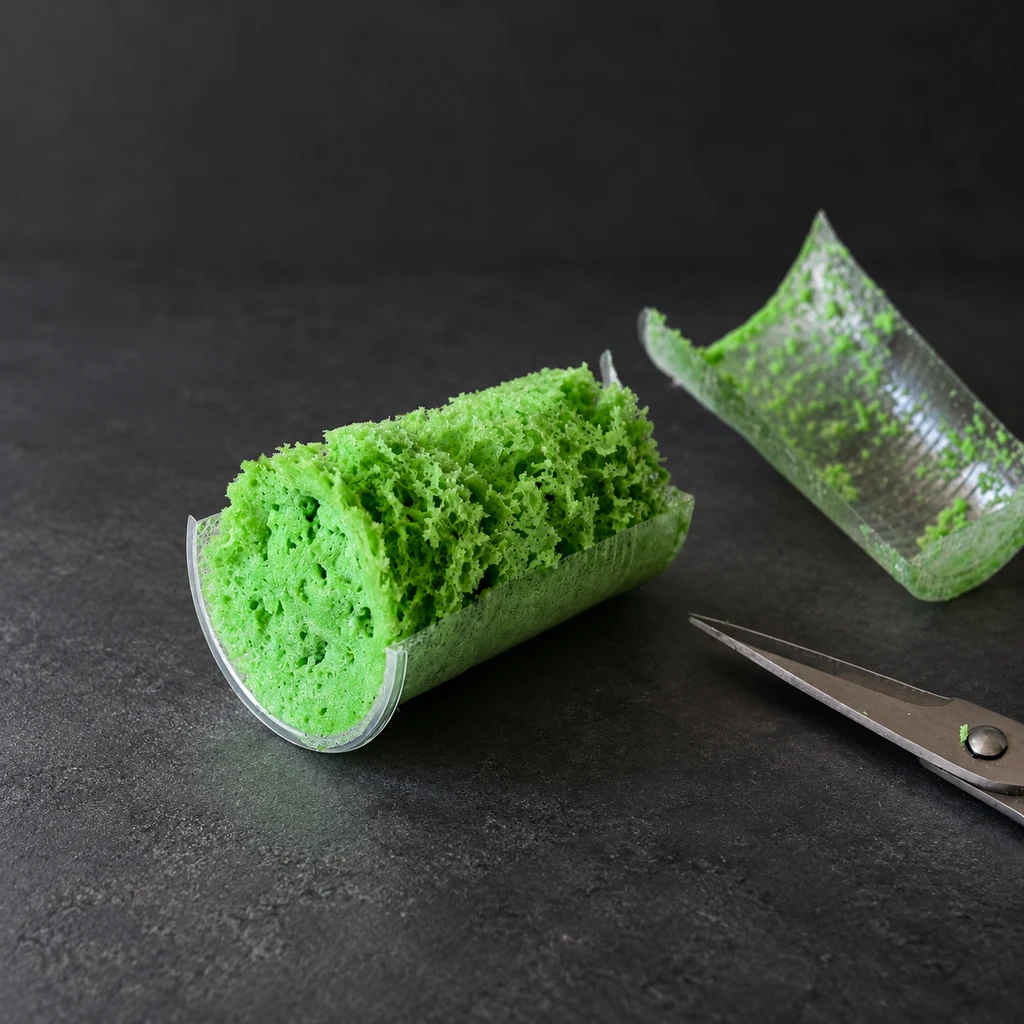 Cooked green sponge moss removed from a cut-open cup