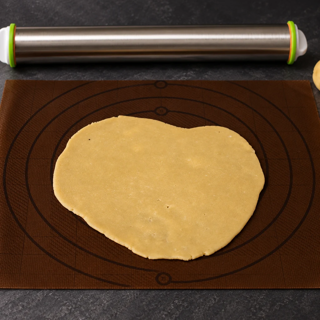 A thin round of honey dough on a baking mat beside a rolling pin