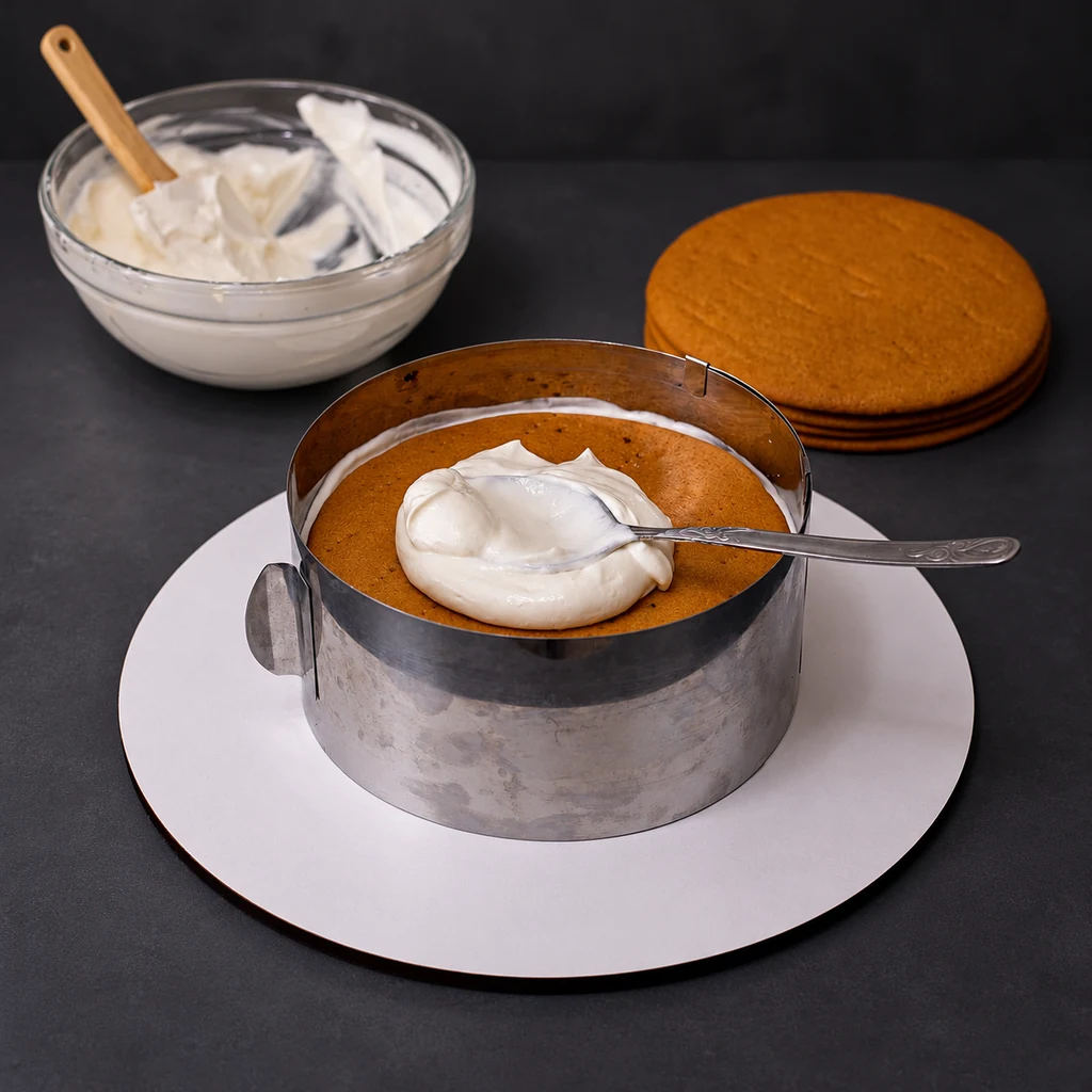 Cream being spread on a honey-cake layer inside a metal ring
