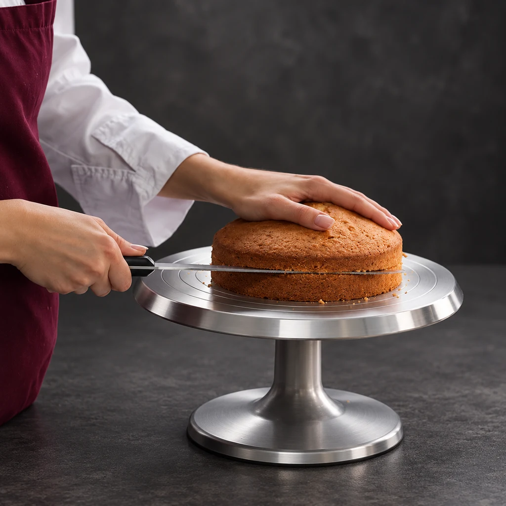 A long serrated knife cutting a sponge cake horizontally on a turntable