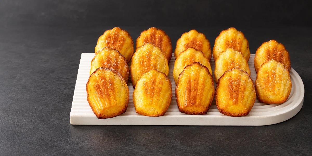 Golden shell-shaped madeleines arranged on a pale serving board
