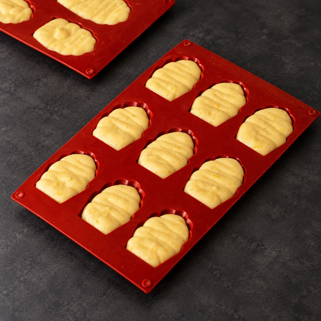 Raw madeleine batter piped into red shell-shaped moulds