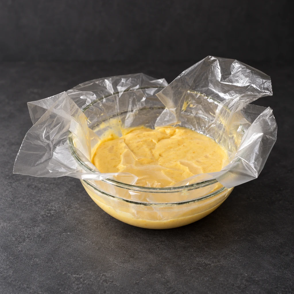Madeleine batter covered with cling film in a glass bowl