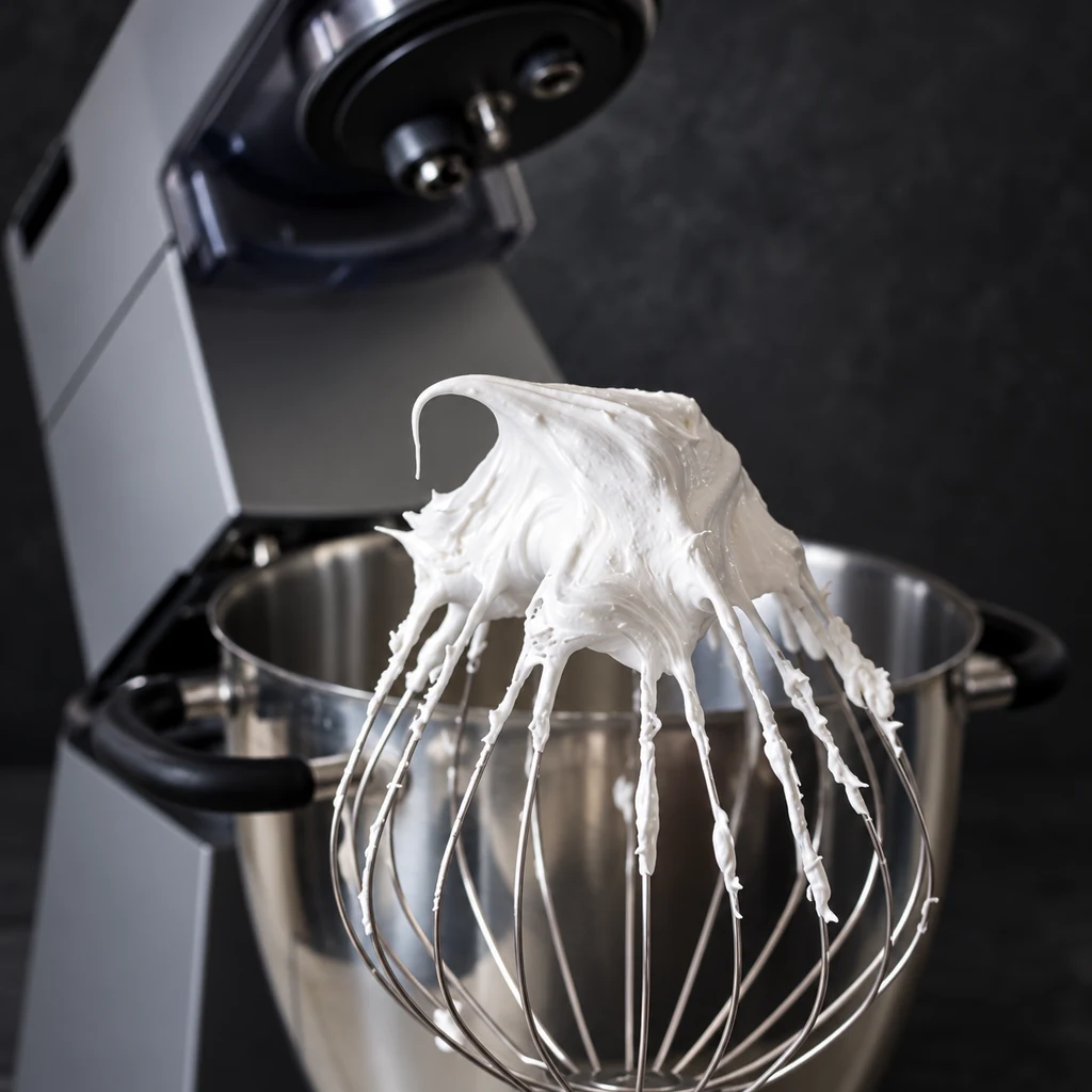 Firm white meringue on a stand-mixer whisk held above its bowl