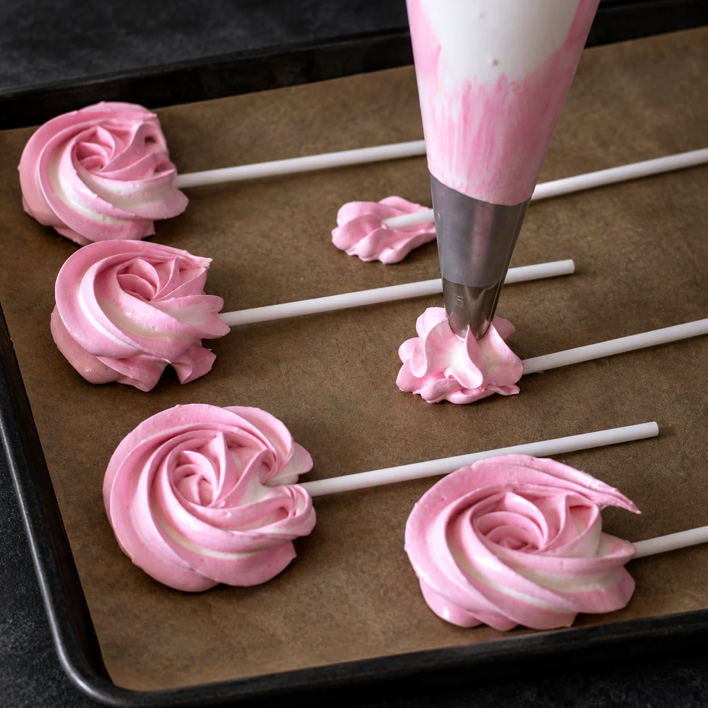 Pink meringue being piped around sticks on a baking tray