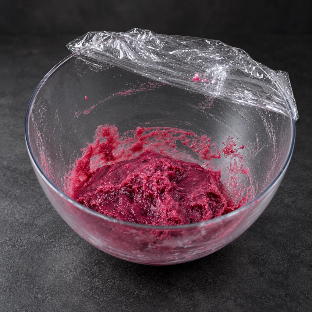 Cooked pink glutinous rice dough in a mixing bowl