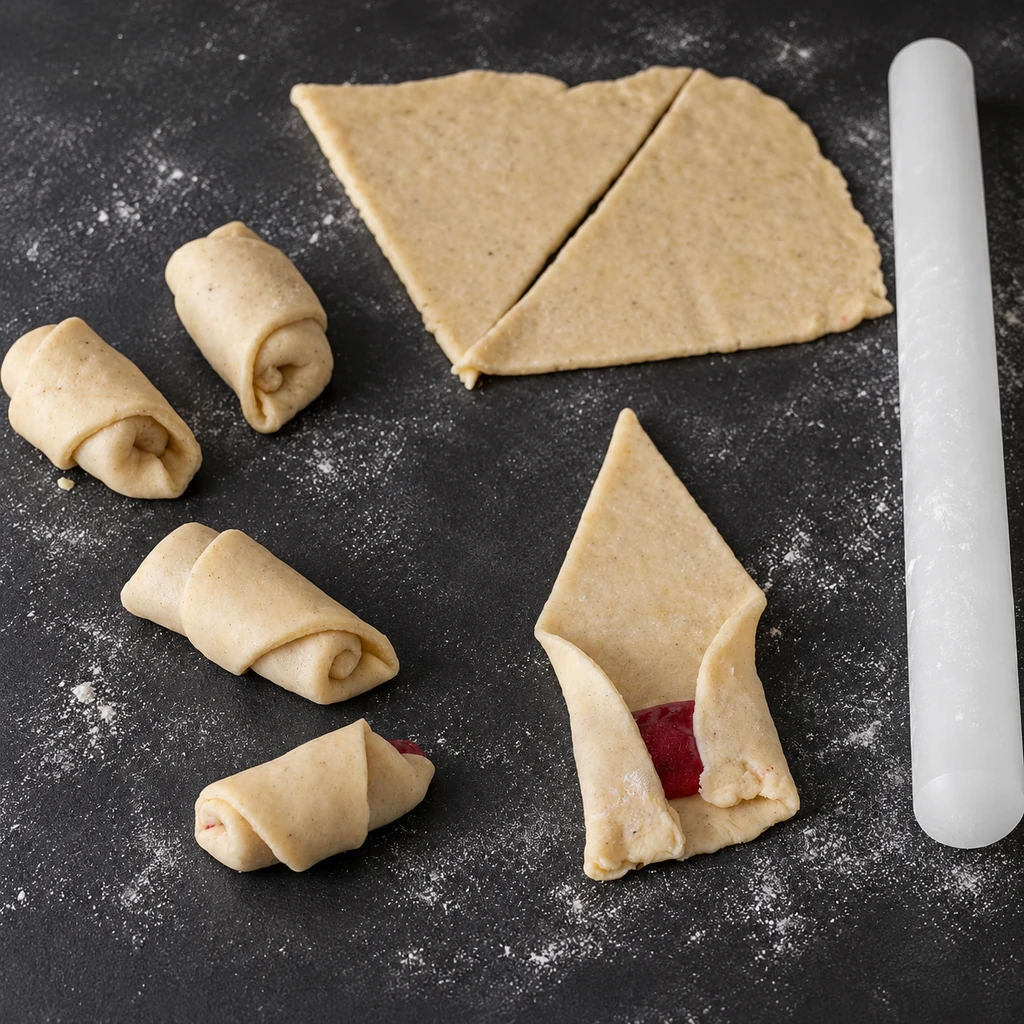 Triangular dough pieces rolled around red jam filling