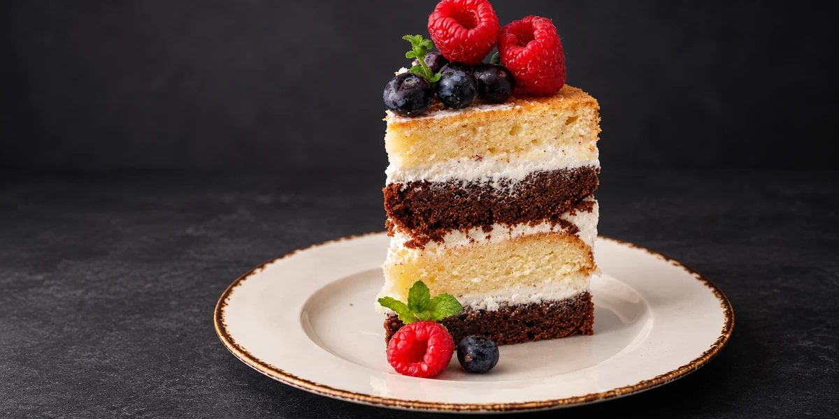 Sour-cream layer cake with alternating chocolate and vanilla sponge
