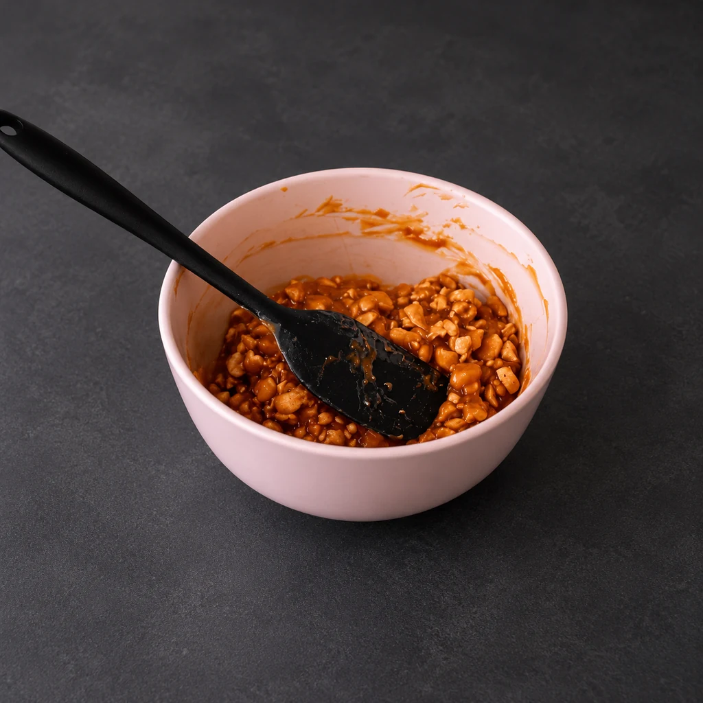 Chopped peanuts mixed into caramel in a bowl with a spatula