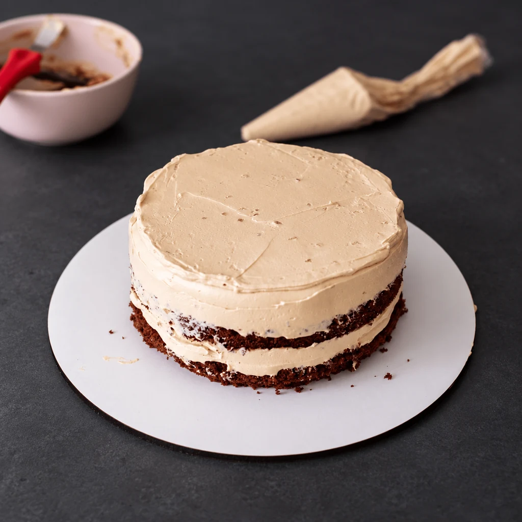 Chocolate cake layers being assembled with pale peanut frosting